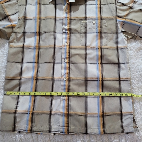 Men's Enyce Size Medium Short Sleeve Button-down Plaid Shirt Tan w/Gold & Blue - Picture 12 of 13